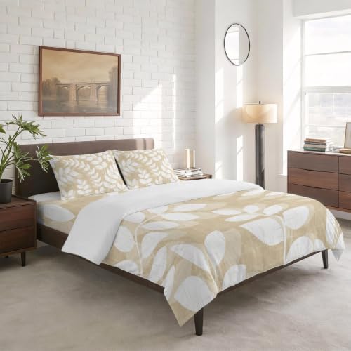 Beige Leaves California King 4 Piece Duvet Cover Set, Farmhouse Branch