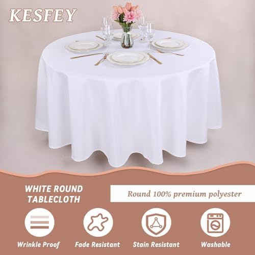 Kesfey 4 Packs White Round Table Cloths 90 Inch White Polyester Circle
