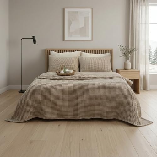 100% Cotton Waffle Bedspread Queen King Twin | Lightweight All Season