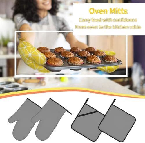 4Pcs Oven Mitts and Potholders, Grey Solid Color Elegant Oven Mitts