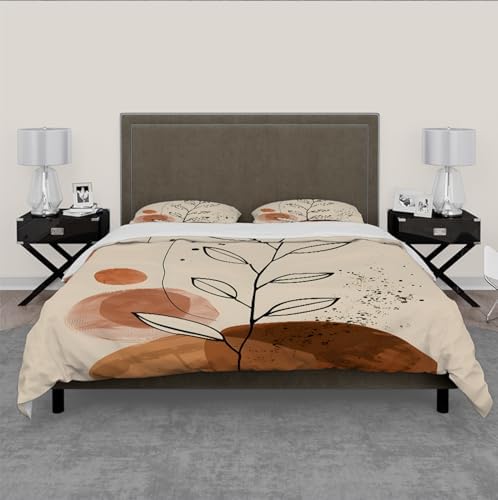 Modern Mid Century Boho Duvet Cover Abstract Geometric Botanical Beige