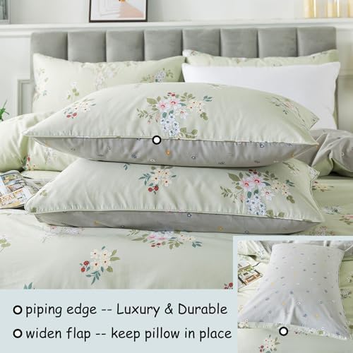 FADFAY Floral Duvet Cover Set Queen 100% Cotton Sage Green Comforter