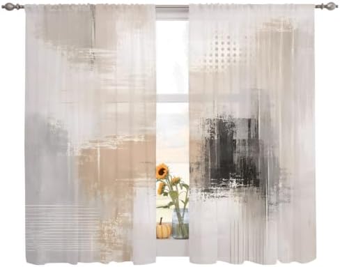 Brown Black Abstract Sheer Curtains 72 Inches Long, Modern Gradient