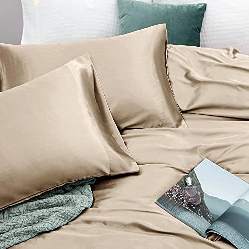 Vonty Satin Queen Taupe Sheets, Fitted + Flat + 2 Pillowcases
