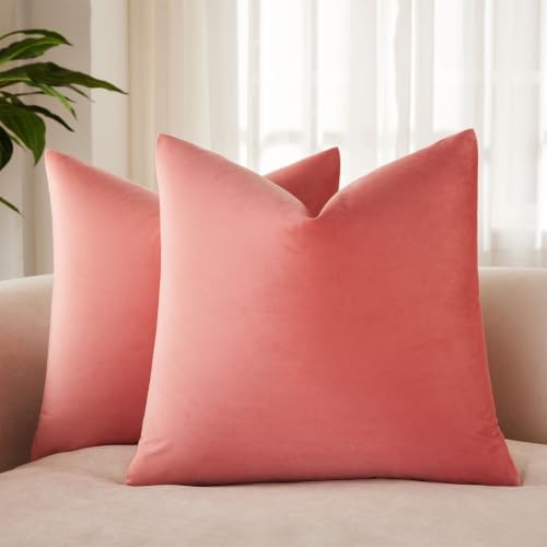 JUSPURBET Decorative Velvet Throw Pillow Covers 18x18 Set of 2,Coral