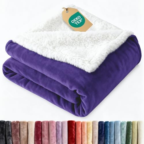 Sherpa Fleece Blanket Throw XL Size - Reversible - Purple Haze, 50" x