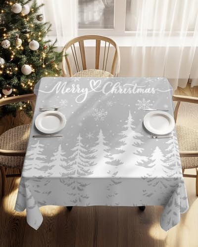Christmas Tree Square Tablecloth White Pines Tree Silhouette Snowflake
