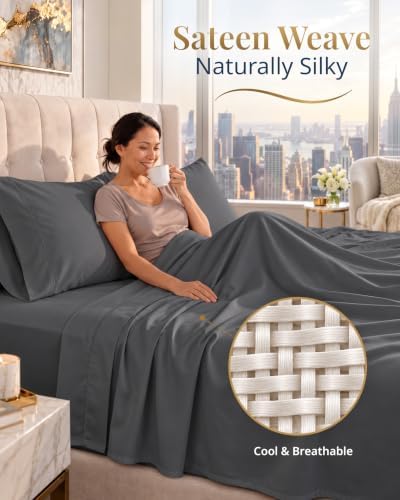 LANE LINEN King Size Sheets 100% Egyptian Cotton Sateen - Charcoal