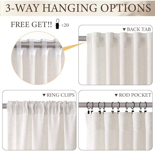 SMABU Extra Long Linen Curtains 120 Inches Long Hook Belt 2 Panels
