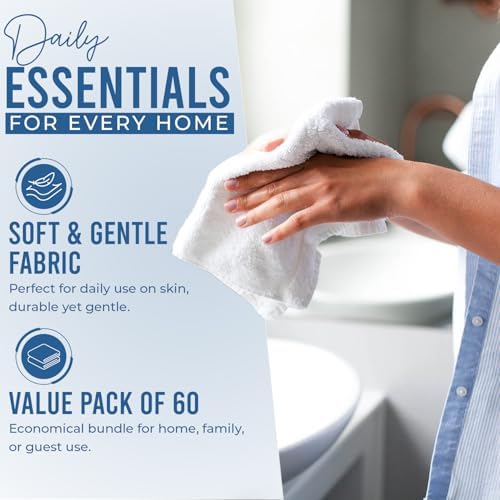 DAN RIVER 60 Pack Wash Cloths for Showering [12x12] - 100% Cotton