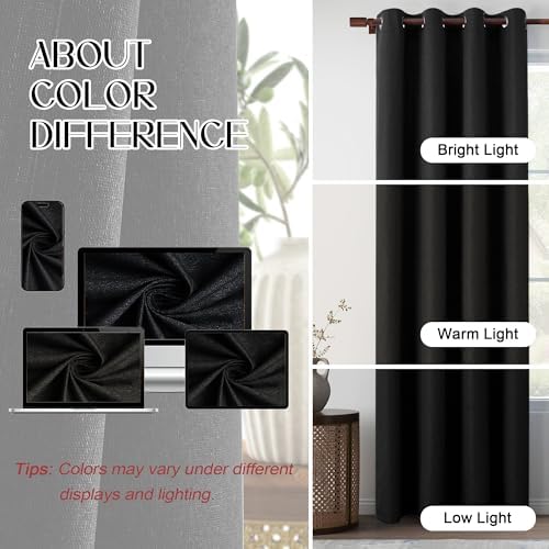 Full Blackout Black Linen Curtains 120 Inch Length 2 Panels