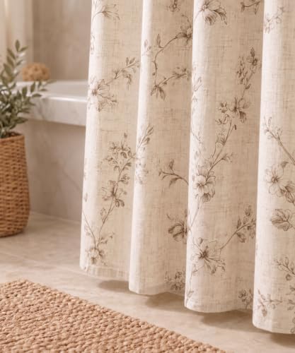 Vintage Floral Shower Curtain, Linen Blend with Tan Line-Drawn