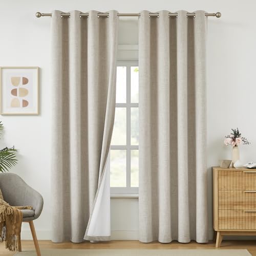 Melodieux 100% Blackout Beige Linen Curtains 108 Inches Long for