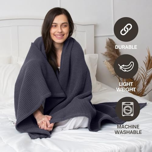 100% Cotton Waffle Weave Blanket, Queen, Grey, 90” x 90”inch