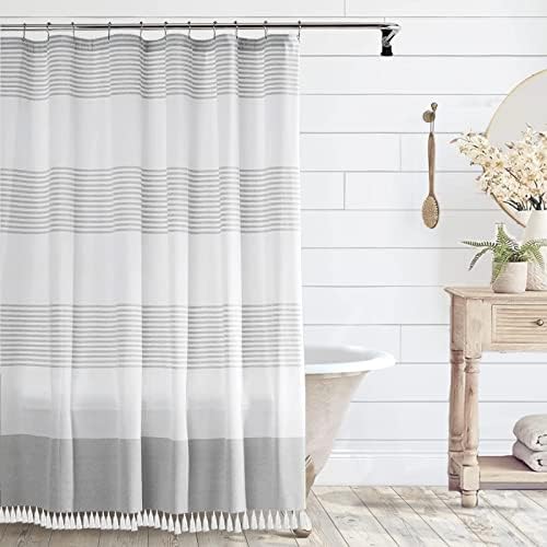 bufftieo Gray Striped Tassel Shower Curtain 72" x 72" Boho Farmhouse