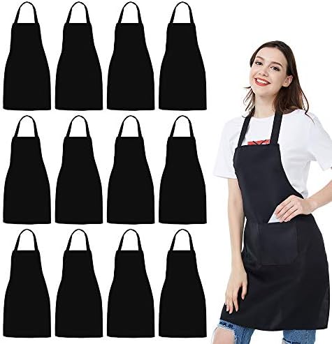NOBONDO 12 Pack Bib Apron - Unisex Black Apron Bulk with 2 Roomy