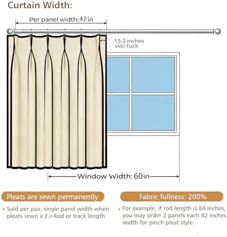 Beige Pinch Pleats 100% Blackout Window Curtains 108 Inches Long 2