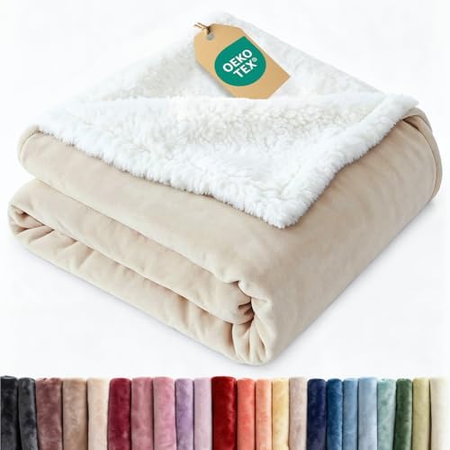 Sherpa Fleece Blanket Throw Size - Reversible Blanket - Ivory, 50" x