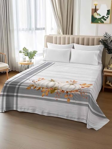 Cal King Size Flat Sheet Only, Fall Thanksgiving Farm Pumpkin Bed Top