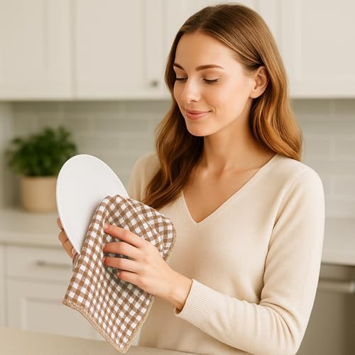 DecorRack Cotton Buffalo Check Dish Cloths, 12 x 12 in, Coffee