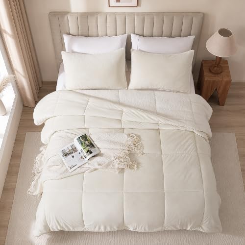 Fluffy Sherpa King Comforter Set, Thick Bedding Set 3 Pieces, Cream