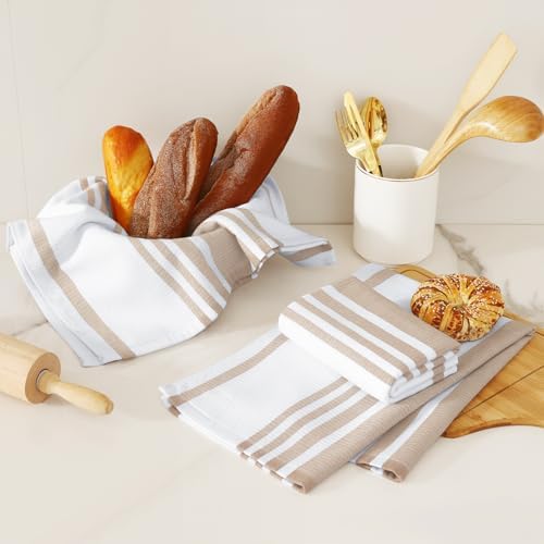 Homaxy Premium Cotton Stripe Kitchen Towels 3 Pack, 18"x 28", Khaki