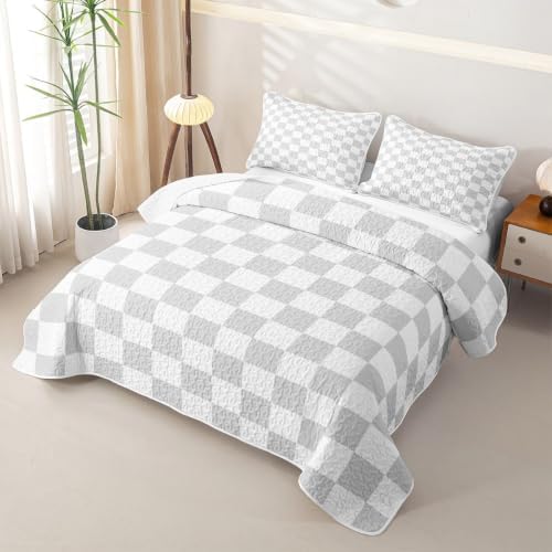 Manfei Neutral Checkerboard Quilt Set Queen Size,Simple Block Quilted