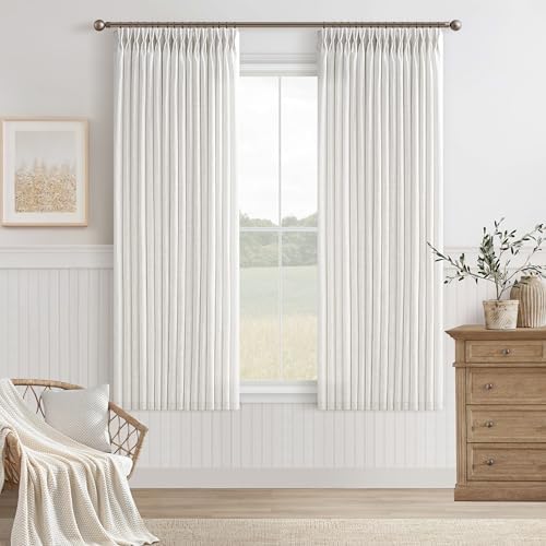 Short Beige White Linen Pinch Pleated Semi Sheer Curtains 63 Inch Long