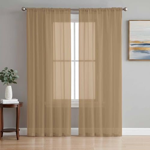 Solid Color Sheer Curtains 108 Inches Long 2 Panels, Semi Sheer Rod