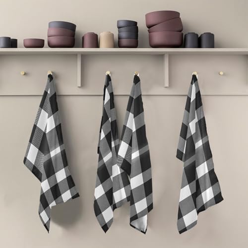 Kitchen Towels and Dishcloths Set, Black White Grey Plaid