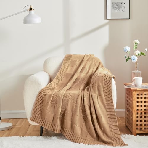 CozeCube Beige Knitted Checkered Throw Blanket 60"X80"