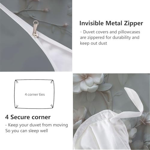 Duvet Cover Set King, 3D Minimalist Bird Flower Brushed Microfiber