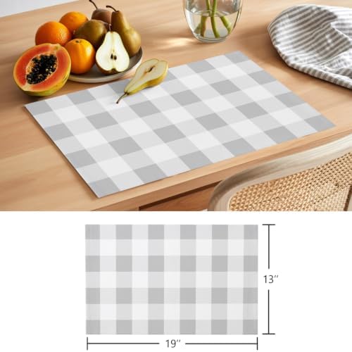 Cotton Linen Placemats for Dining Table Set of 8 Gray White Plaid