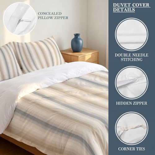 Brown Gray Striped Duvet Cover Set 3 Pieces with Zipper Closure