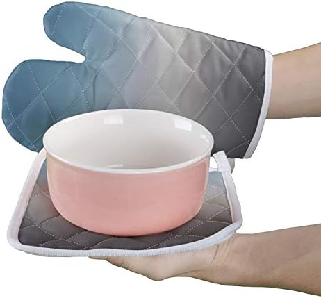 Quilted Cotton Terry Cloth Oven Mitt, Pot Holder Ombre Blue Grey