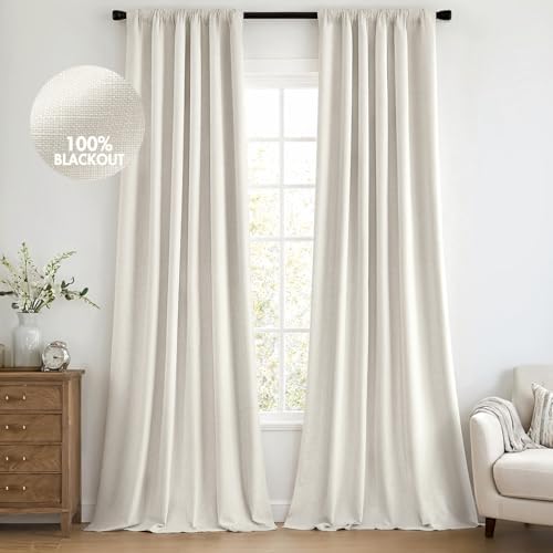 MIULEE 100% Blackout Back Tab Pleat Linen Curtains 50" Wx120 L,Grey