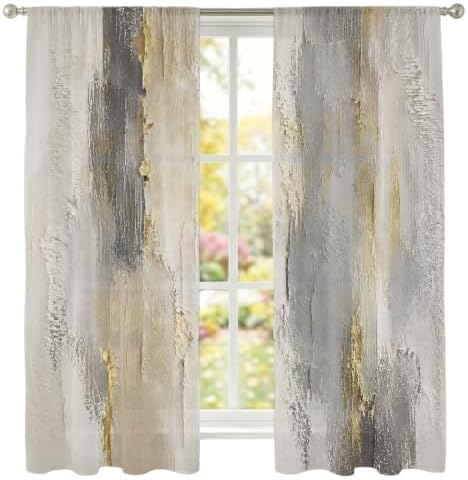 Textured Plaster Window Sheer Curtain Minimalist Abstract Gray Beige