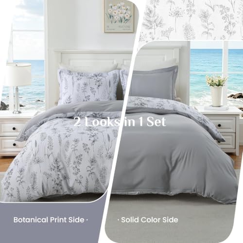 JOLLYVOGUE Floral Duvet Cover King, 3Pcs Reversible Grey Duvet Cover