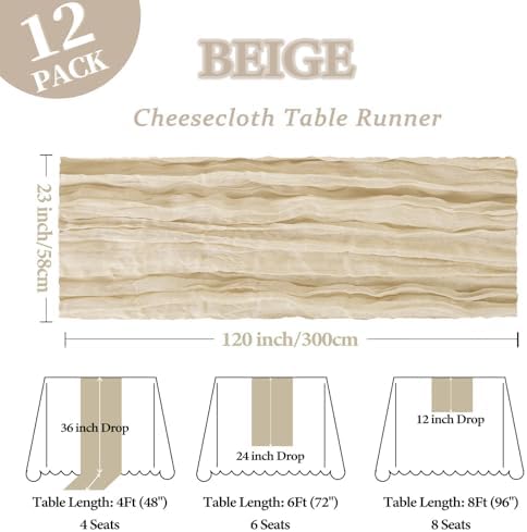 12 Pack 23 x 120 Inch Beige Table Runner 10Ft Cheesecloth