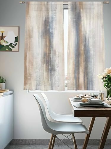 Beige Gray Sheer Curtains 63 Inch Length 2 Panels, Abstract Grunge