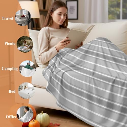 Flannel Fleece Blanket 60" x 80", Grey Stripe Microfiber Cozy Soft