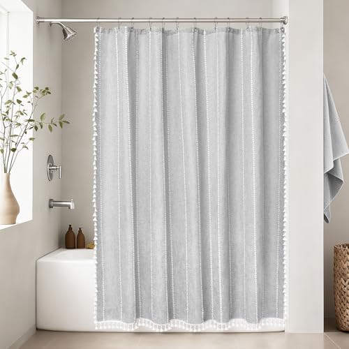 Seenus Boho Chic Shower Curtain Heavyweight with Tassels, Grey Linen