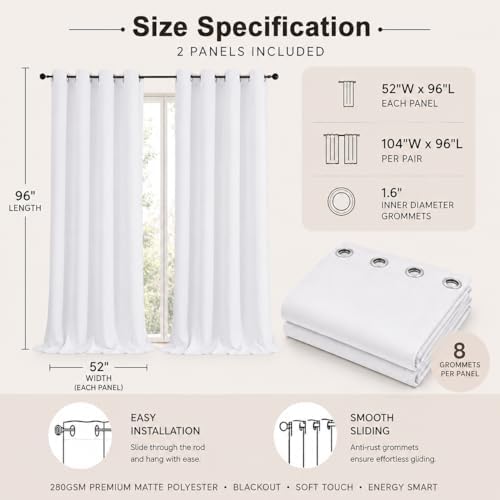 Simplebrand Pure White Room Darkening 96 Inch Long Curtains 2 Panel