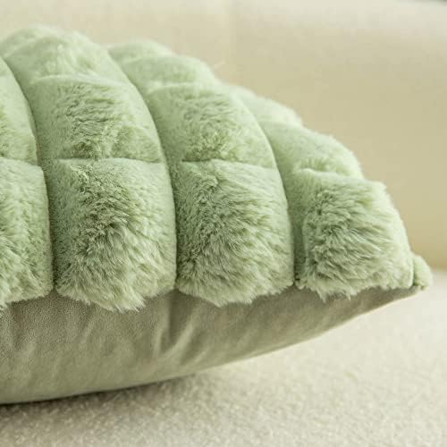 Neelvin Green Faux Fur Cozy Soft Plaid Decorative Throw Pillow Covers