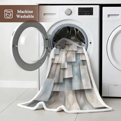 Abstract Block Sherpa Fleece Blanket Minimalist Beige Gray Raised
