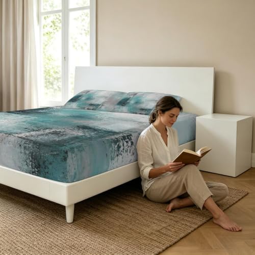 Queen Fitted Sheet Deep Pocket, Cyan Gray Graffiti Texture Soft