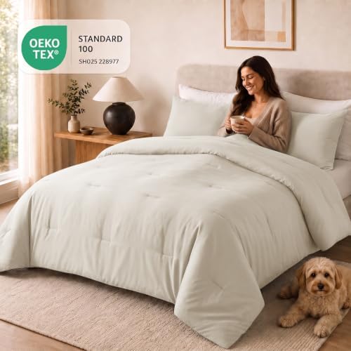 CozyLux Oversized Queen Comforter Set, 3 Pieces Beige Quilted Bedding