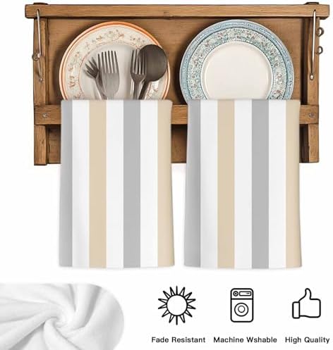 LooPoP Kitchen Towels Set of 3 Beige Grey Striped Dish Towels and