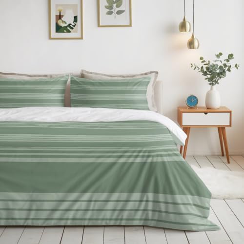 Sage Green Stripe Farmhouse Duvet Cover Set-4 Pieces Cal King Bedding