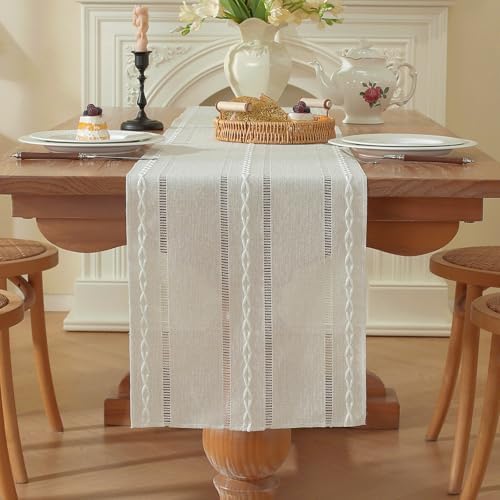 Niviy Beige Boho Cotton Linen Table Runner, Farmhouse Woven Table